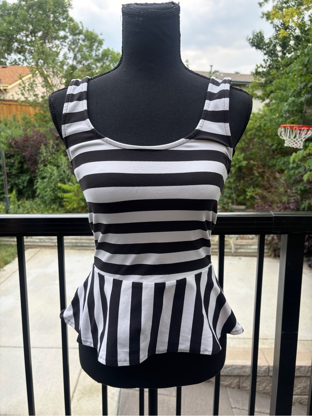 bebe Black and White Striped Peplum Tank